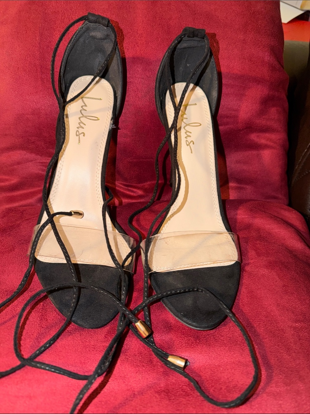 Lulu's Black Lace-Up Clear Toe Heels